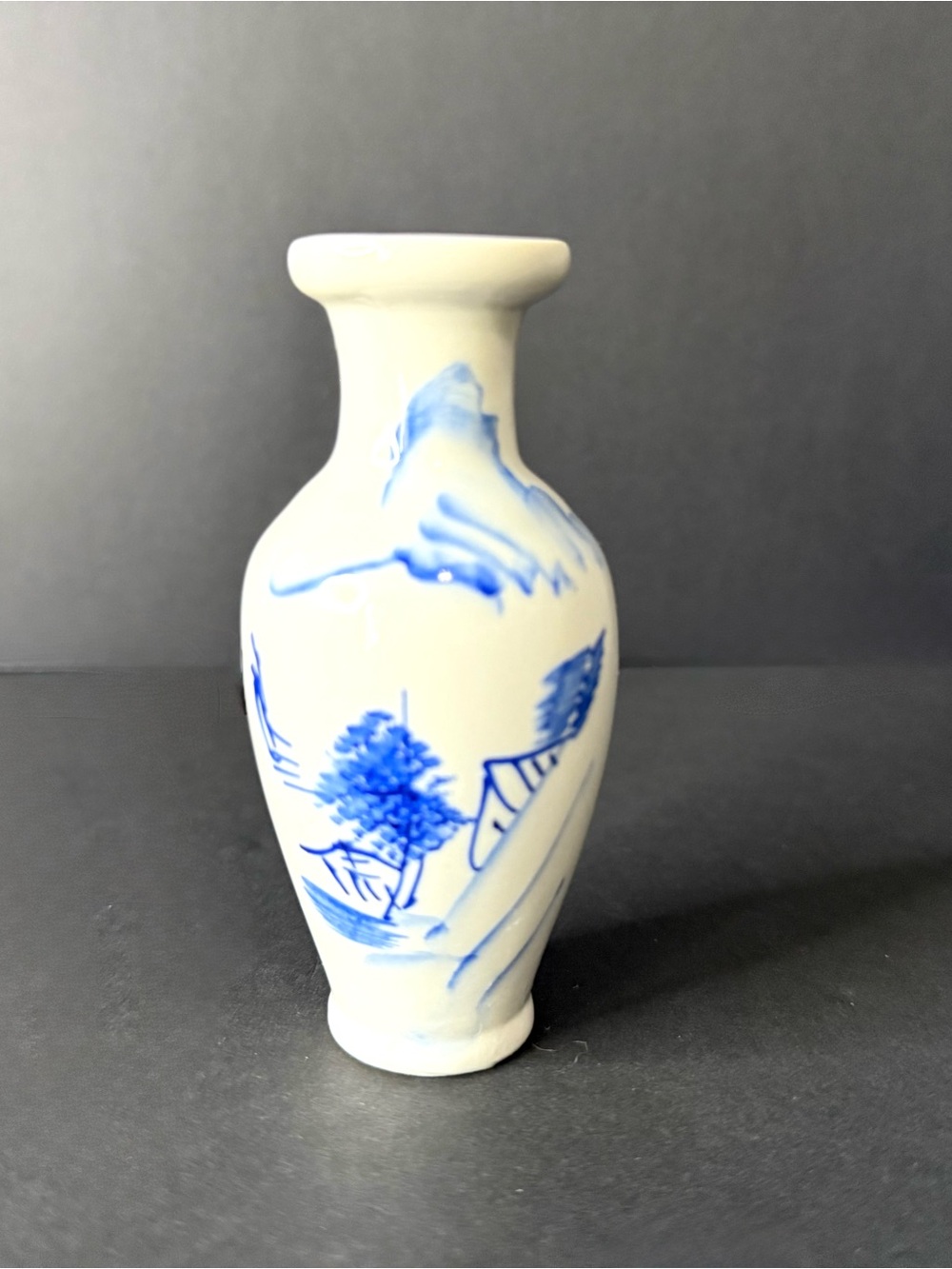 RARE VINTAGE Miniature CHINESE HAND PAINTED Blue White 4” Miniature Vase